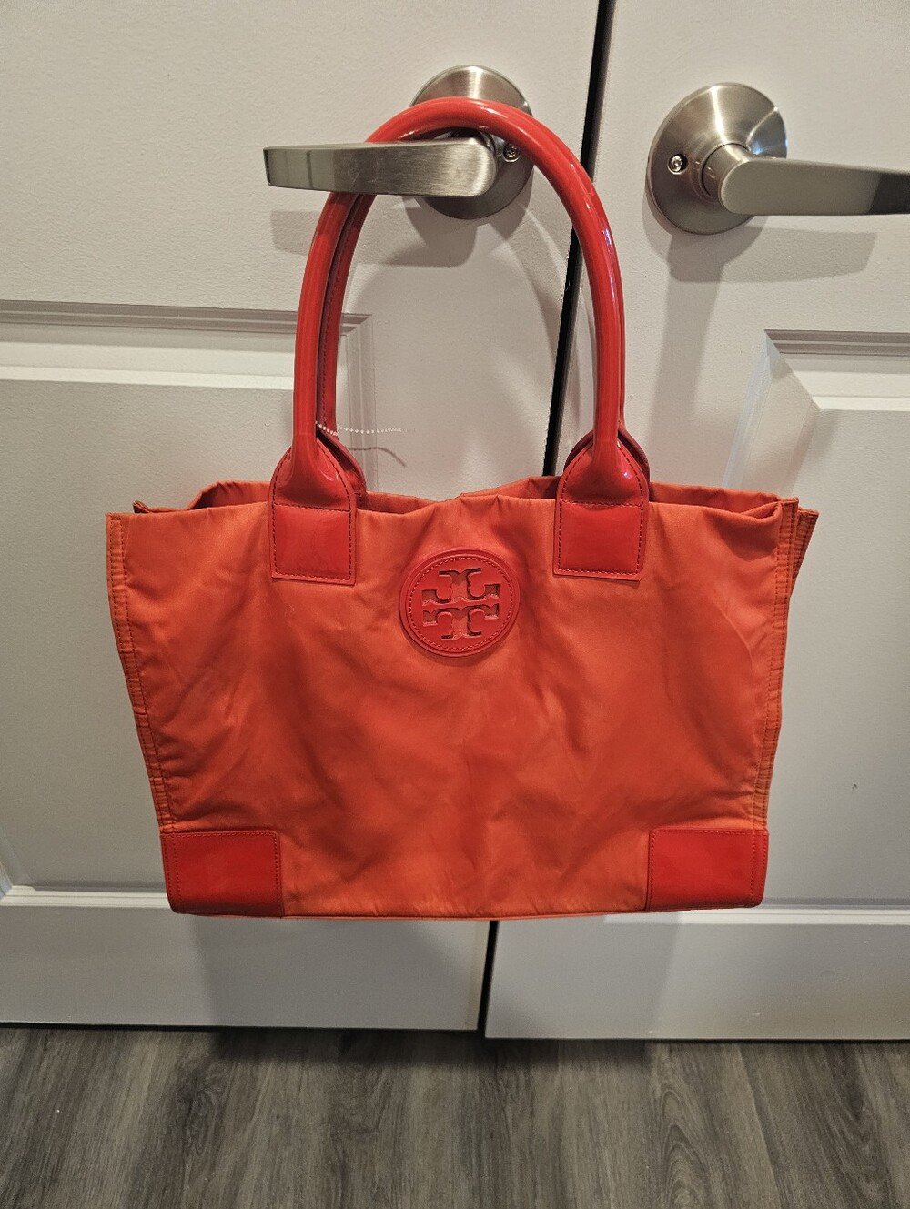 Tory Burch Bright Orange Nylon Tote with Glossy Trim